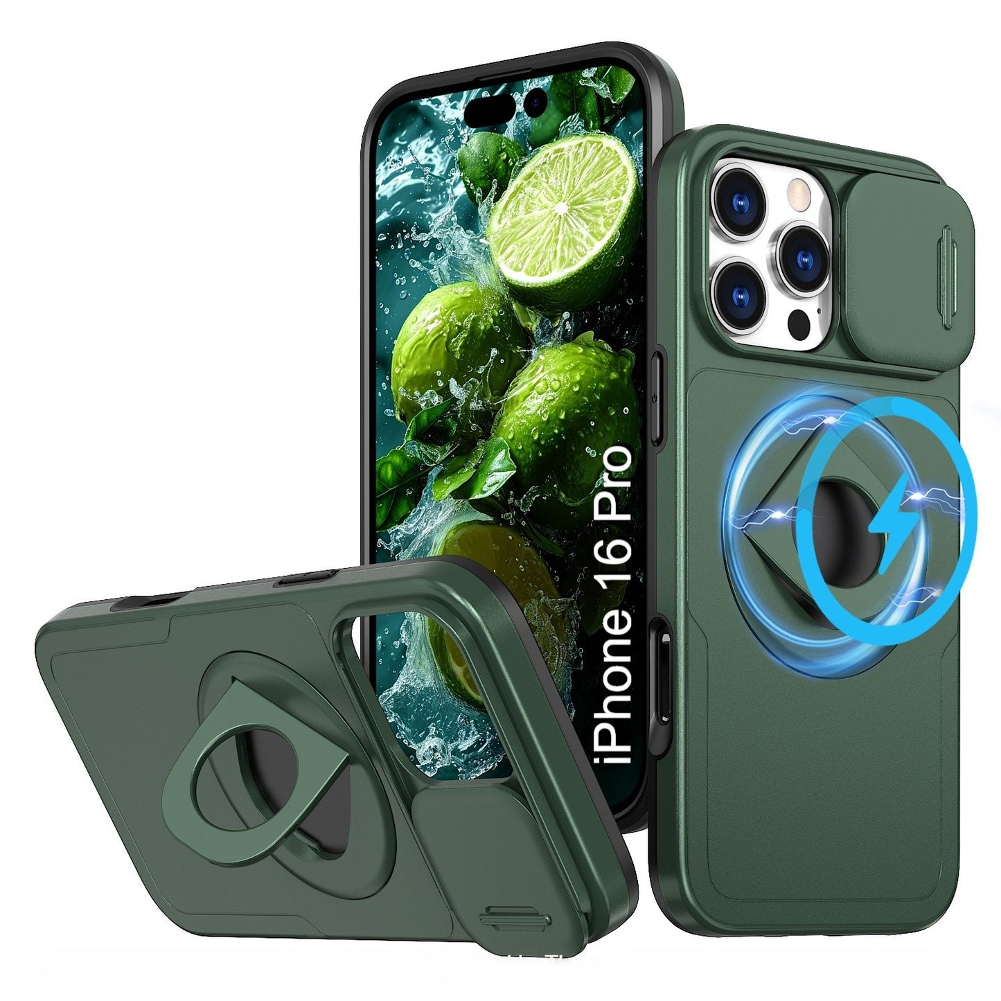 LuxuryKase Mag-Safe Shockproof Rugged Back Case with Finger Ring Kickstand & Sliding Camera Cover | Military Drop Protection | Wireless Charging Support For iPhone Series