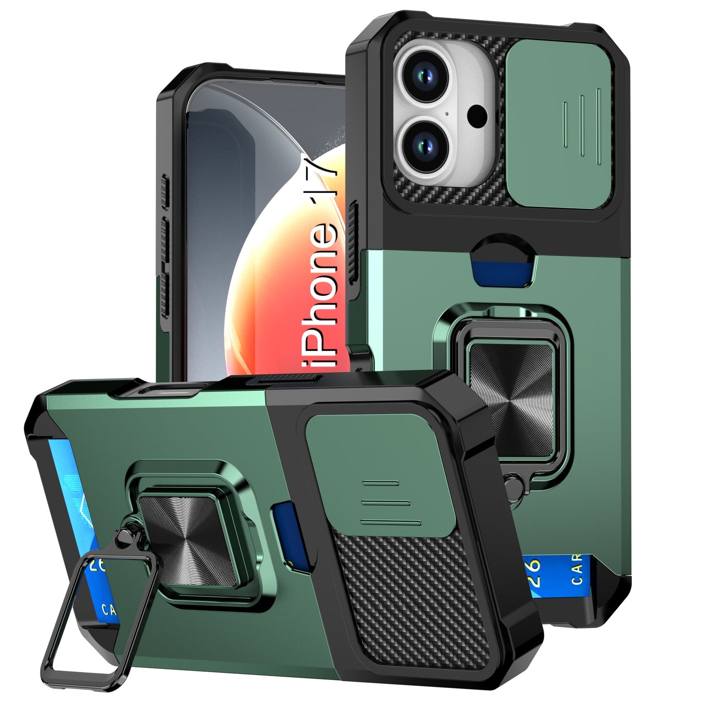 LuxuryKase Shockproof Armor Case | Slide Camera Cover | Hidden Card Slot | Rotating Ring Kickstand | Magnetic Car Mount Support | Military Grade Protection For iPhone & Samsung