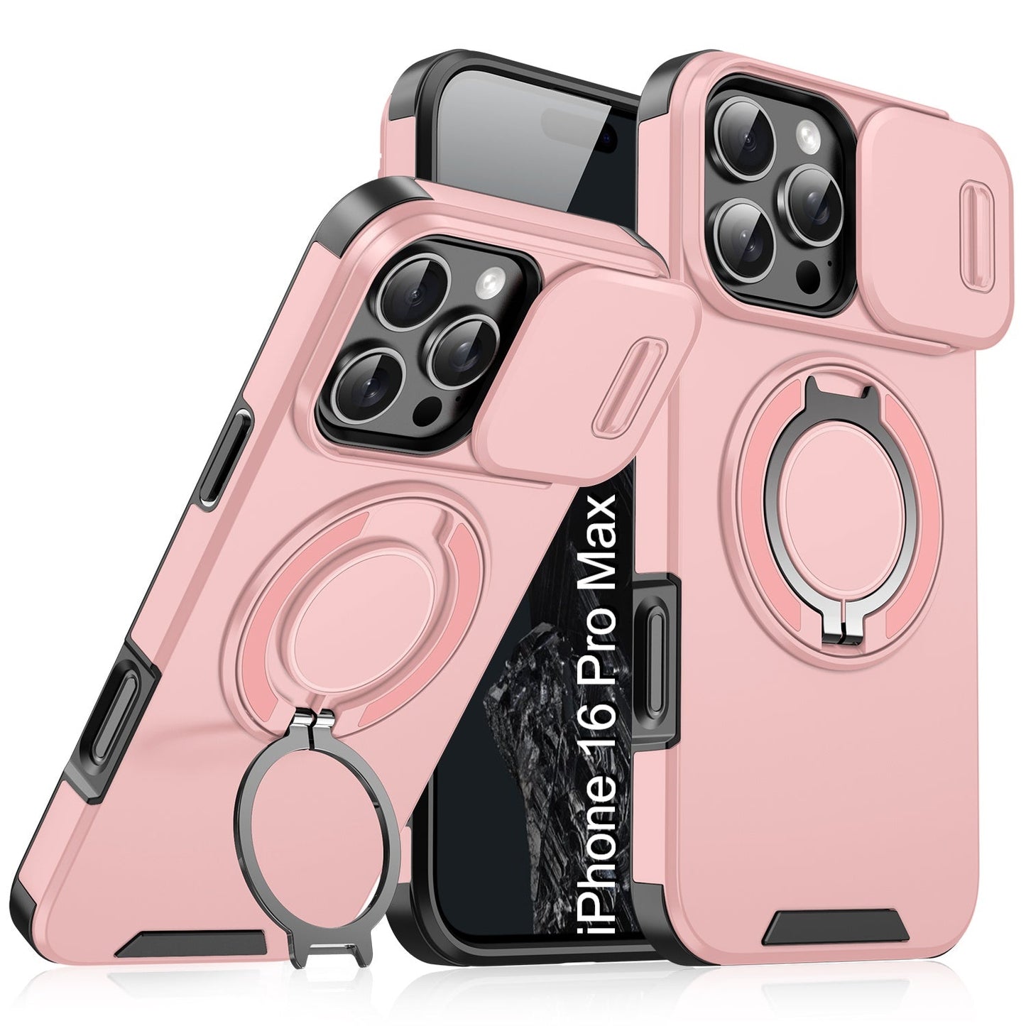 LuxuryKase Shockproof Magnetic Case with Slide Camera Cover | 360° Rotating Ring Kickstand | Mag-Safe Compatible | Rugged Armor Protection For iPhone Series