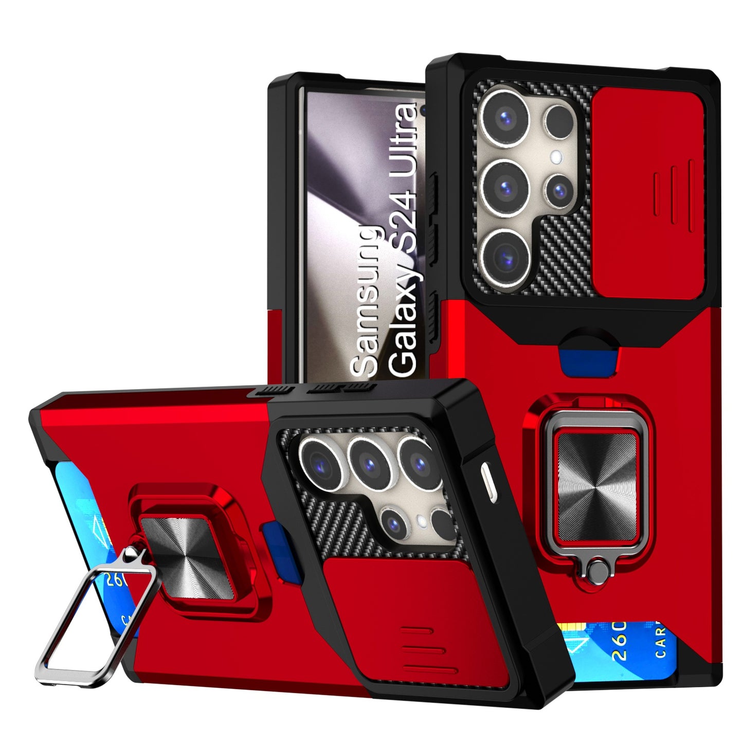 LuxuryKase Shockproof Armor Case | Slide Camera Cover | Hidden Card Slot | Rotating Ring Kickstand | Magnetic Car Mount Support | Military Grade Protection For iPhone & Samsung