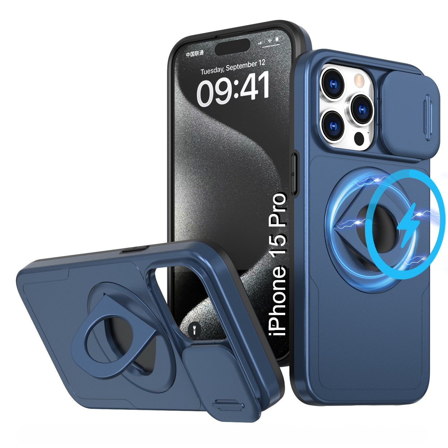 LuxuryKase Mag-Safe Shockproof Rugged Back Case with Finger Ring Kickstand & Sliding Camera Cover | Military Drop Protection | Wireless Charging Support For iPhone Series