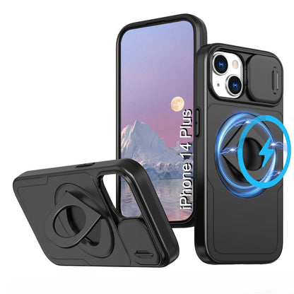 LuxuryKase Mag-Safe Shockproof Rugged Back Case with Finger Ring Kickstand & Sliding Camera Cover | Military Drop Protection | Wireless Charging Support For iPhone Series