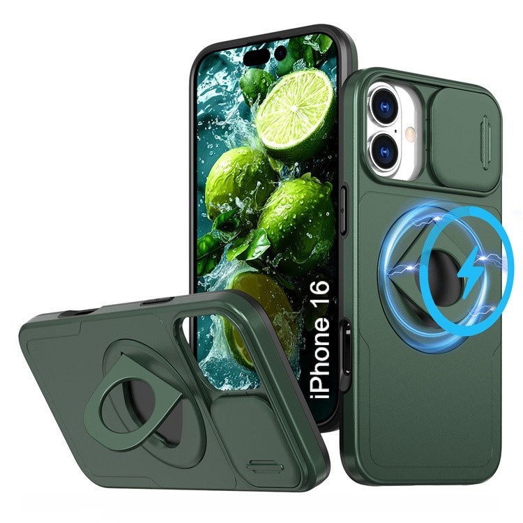 LuxuryKase Mag-Safe Shockproof Rugged Back Case with Finger Ring Kickstand & Sliding Camera Cover | Military Drop Protection | Wireless Charging Support For iPhone Series