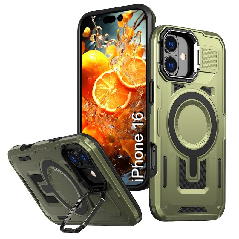 LuxuryKase Rugged Shockproof Magnetic Case with Kickstand | Dual Layer TPU+PC Protection | Mag-Safe Compatible | Camera Guard | Extreme Drop Resistance For iPhone Series