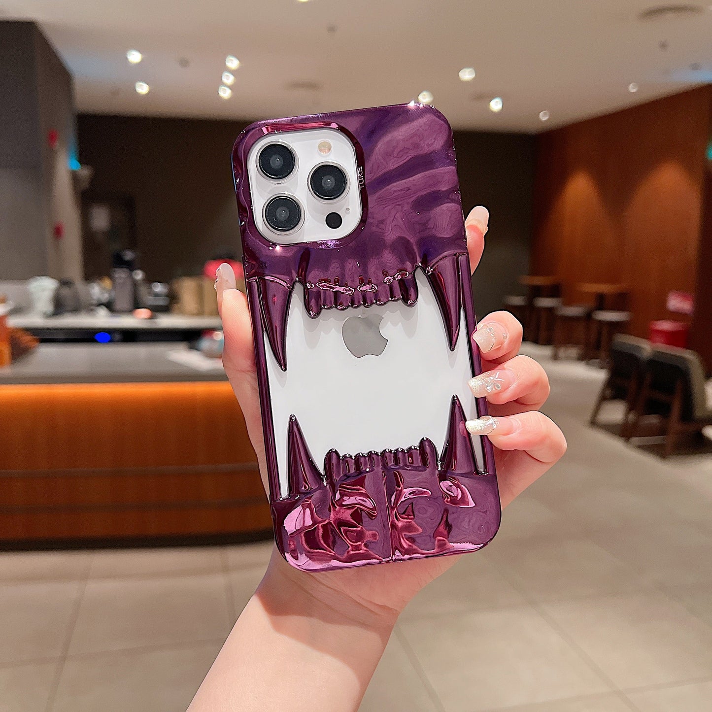 US LITE Shockproof Designer Metallic Chrome 3D Fangs Back Case | Anti-Scratch Grip | Full Camera Protection and Stylish Look For iPhone 14, 15 & 16 Series
