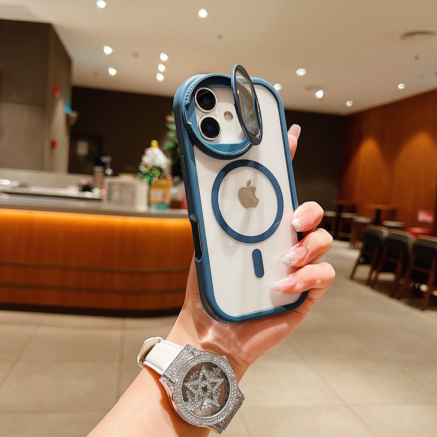 LuxuryKase Magnetic Transparent Back Case | Shockproof Hard PC Bumper Cover with Camera Lens Guard Kickstand | Mag-Safe Support For iPhone