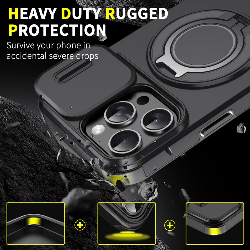 LuxuryKase Shockproof Magnetic Case with Slide Camera Cover | 360° Rotating Ring Kickstand | Mag-Safe Compatible | Rugged Armor Protection For iPhone Series