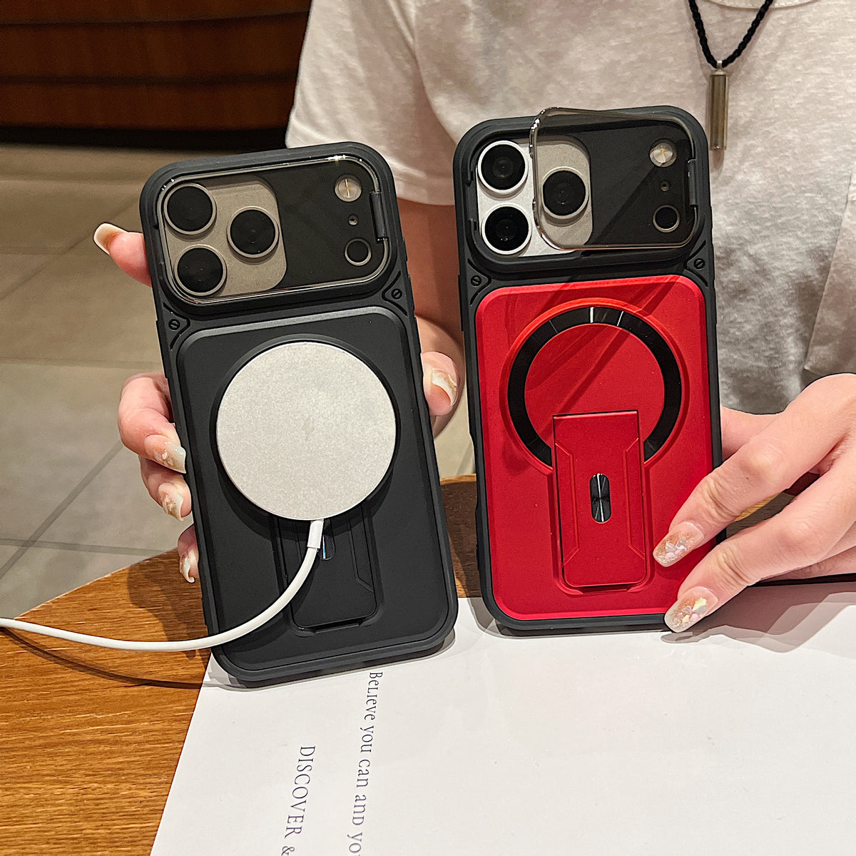 LuxuryKase Hybrid Armour Case | Built-In Foldable Kickstand | Flip Camera Lens Protection Frame Design | MagSafe Compatible | Rugged PC & TPU Cover For iPhone & Samsung Series