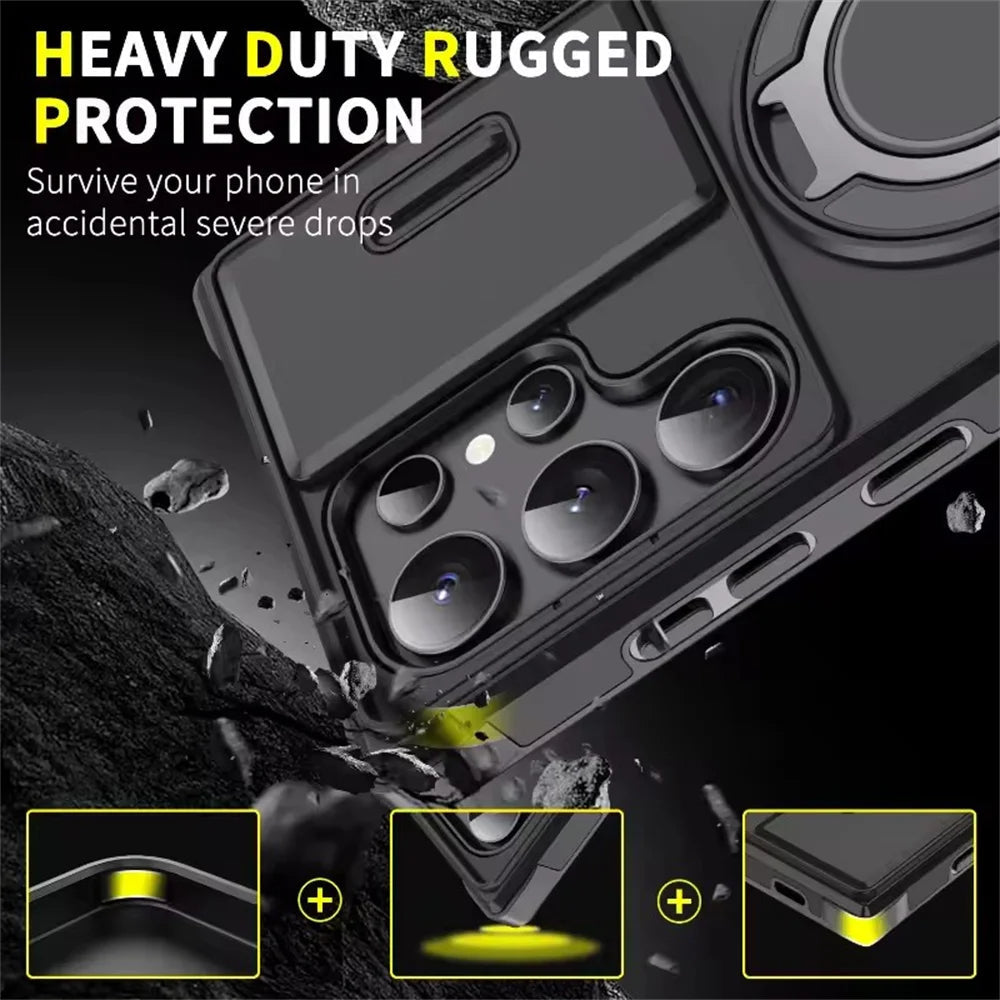 LuxuryKase Shockproof Magnetic Case with Slide Camera Cover | 360° Rotating Ring Kickstand | Mag-Safe Compatible | Rugged Armor Protection For Samsung Series