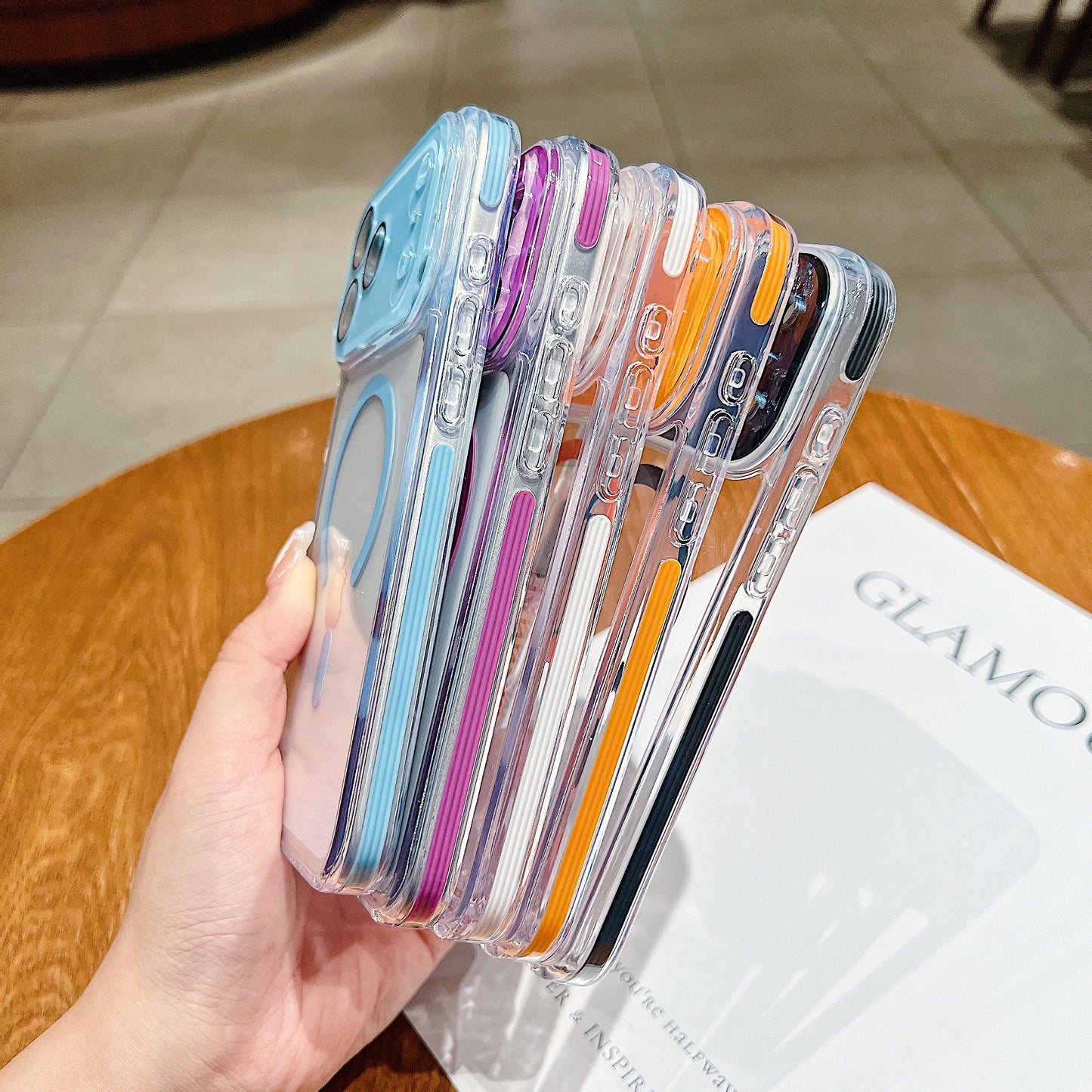 LuxuryKase Magnetic Crystal Clear Case | Colored Edges & Mag-Safe Ring | Built in Camera Lens Protection | Anti Yellow Transparent Bumper | Scratch Resistant For iPhone