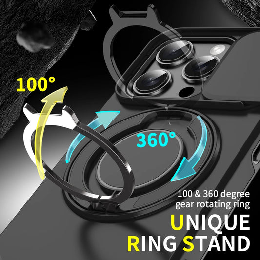 LuxuryKase Shockproof Magnetic Case with Slide Camera Cover | 360° Rotating Ring Kickstand | Mag-Safe Compatible | Rugged Armor Protection For iPhone Series