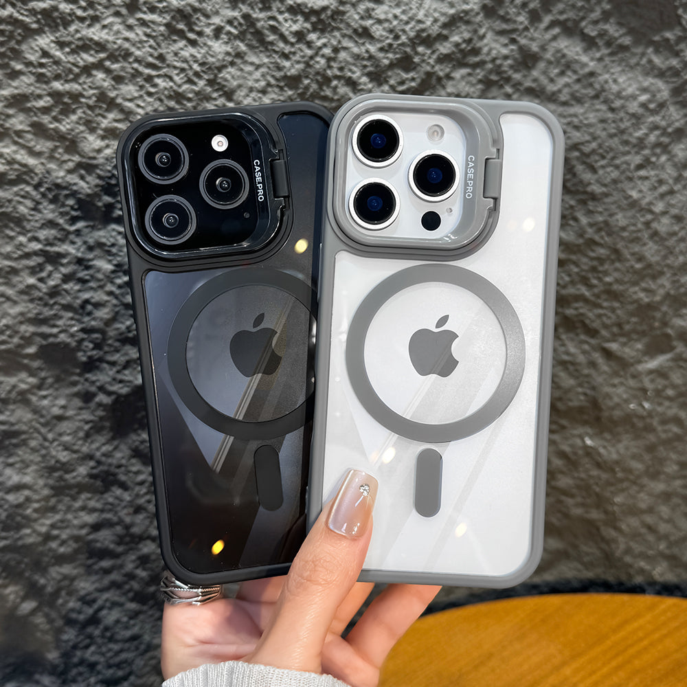 LuxuryKase Mag-Safe Shockproof Case for iPhone 16 Pro with Rotating Camera Guard Stand | Military Grade Drop Protection | Transparent Hard Back Cover with Wireless Charging