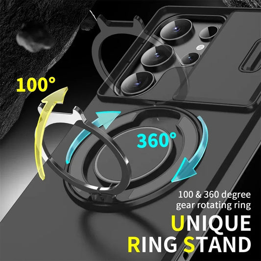 LuxuryKase Shockproof Magnetic Case with Slide Camera Cover | 360° Rotating Ring Kickstand | Mag-Safe Compatible | Rugged Armor Protection For Samsung Series