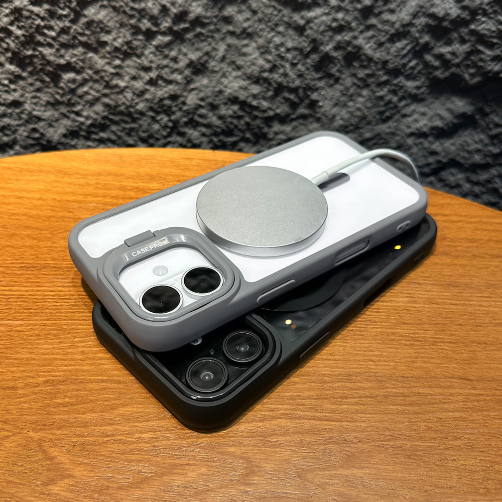 LuxuryKase Mag-Safe Shockproof Case for iPhone 16 Plus with Rotating Camera Guard Stand | Military Grade Drop Protection | Transparent Hard Back Cover with Wireless Charging