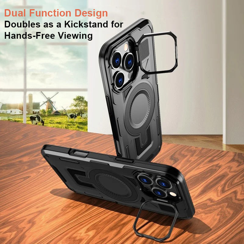 LuxuryKase Rugged Shockproof Magnetic Case with Kickstand | Dual Layer TPU+PC Protection | Mag-Safe Compatible | Camera Guard | Extreme Drop Resistance For iPhone Series