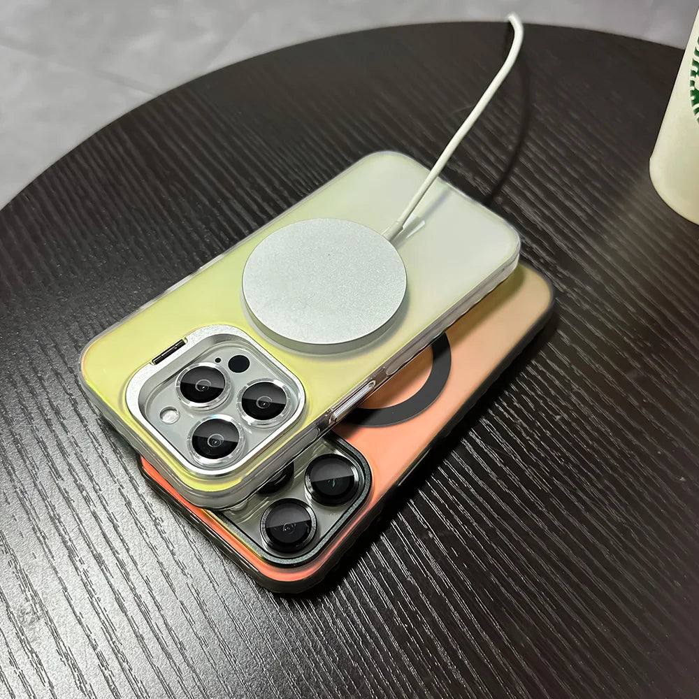 LuxuryKase Mag-Safe Shockproof Gradient Matte Case | Metal Camera Lens Protector & Kickstand | Slim & Edge Protective Cover For iPhone