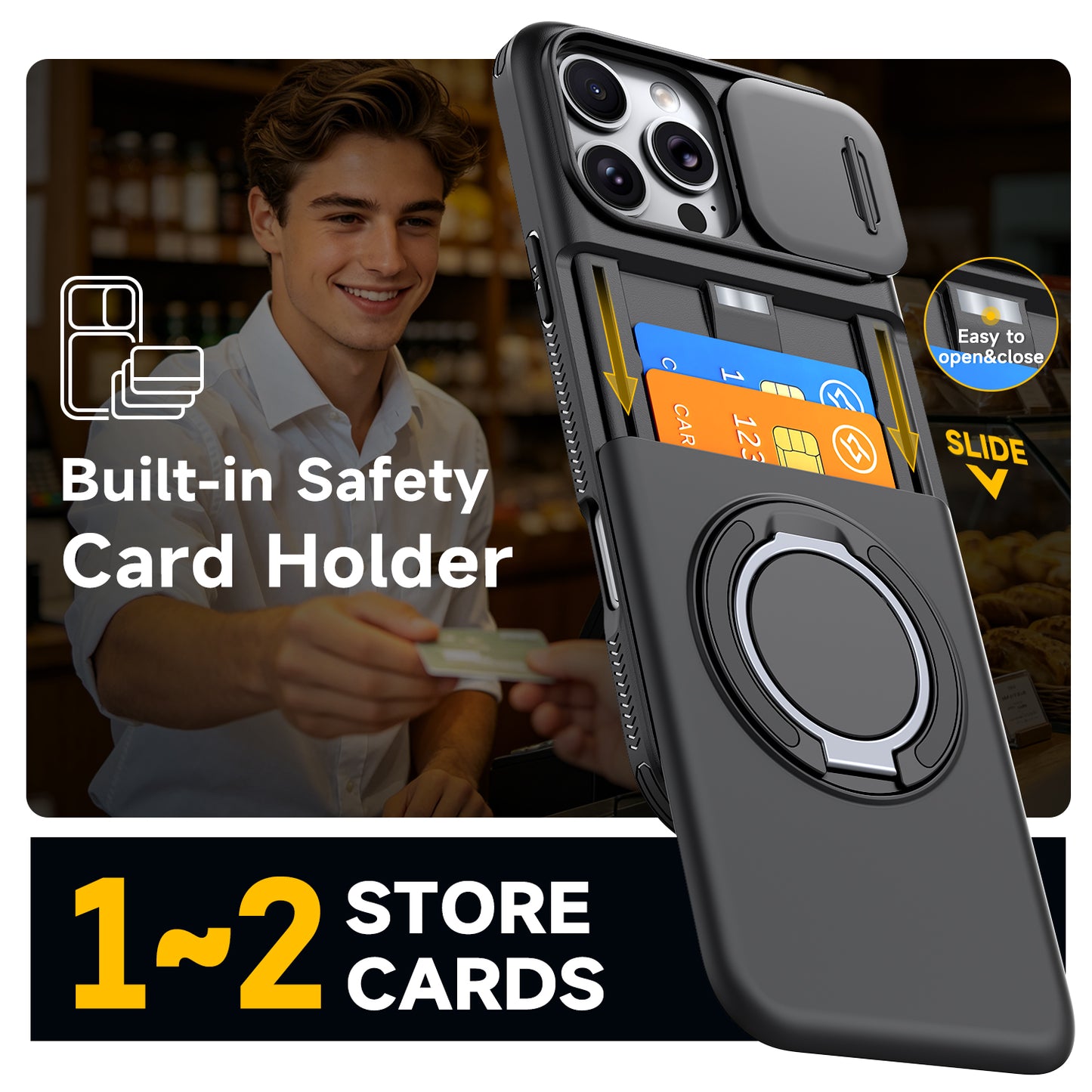 LuxuryKase Magnetic Card Holder Back Cover | Slide Camera Cover Protection | 360° Rotating & 120° Adjustable Kickstand | Shockproof Hard PC Back + Soft TPU Bumper For iPhone & Samsung Series
