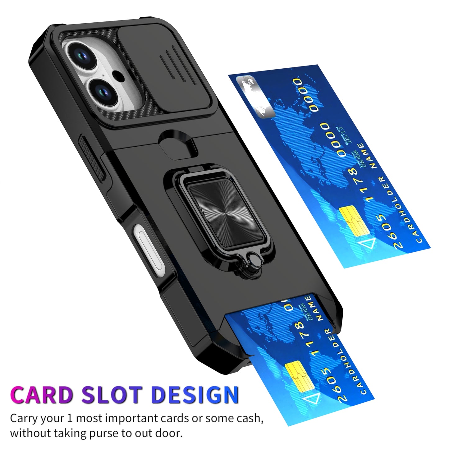 LuxuryKase Shockproof Armor Case | Slide Camera Cover | Hidden Card Slot | Rotating Ring Kickstand | Magnetic Car Mount Support | Military Grade Protection For iPhone & Samsung