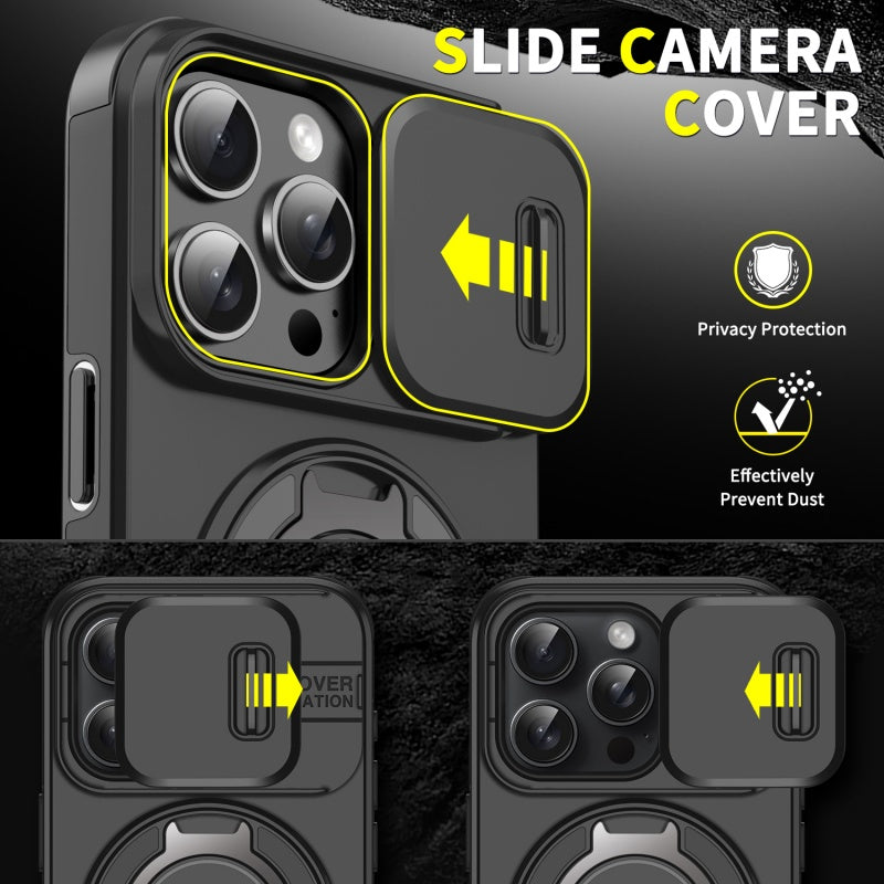 LuxuryKase Shockproof Magnetic Case with Slide Camera Cover | 360° Rotating Ring Kickstand | Mag-Safe Compatible | Rugged Armor Protection For iPhone Series