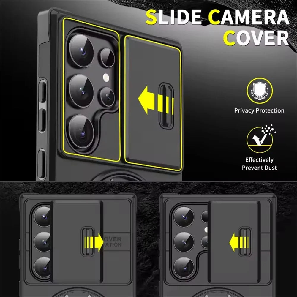 LuxuryKase Shockproof Magnetic Case with Slide Camera Cover | 360° Rotating Ring Kickstand | Mag-Safe Compatible | Rugged Armor Protection For Samsung Series
