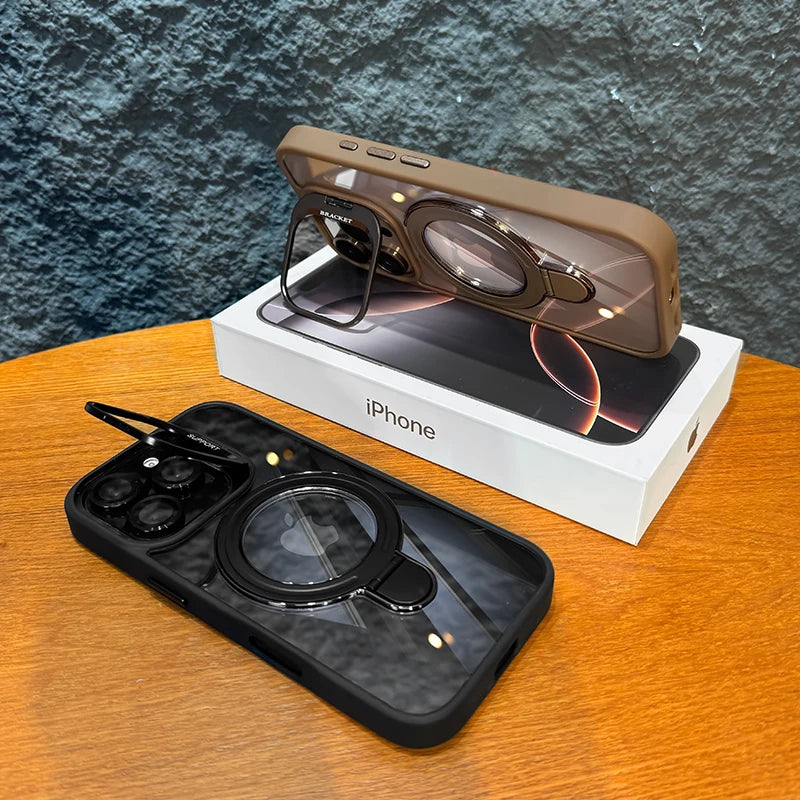 LuxuryKase Magnetic Clear Case | Metal Ring Stand | Camera Lens Protector Rings | Shockproof Hard PC Back | Mag-Safe Compatible | TPU Bumper For iPhone & Samsung Series