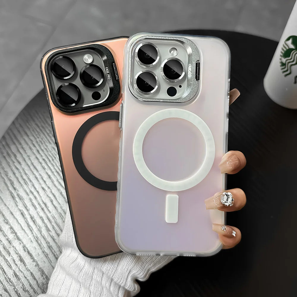 LuxuryKase Mag-Safe Shockproof Gradient Matte Case | Metal Camera Lens Protector & Kickstand | Slim & Edge Protective Cover For iPhone