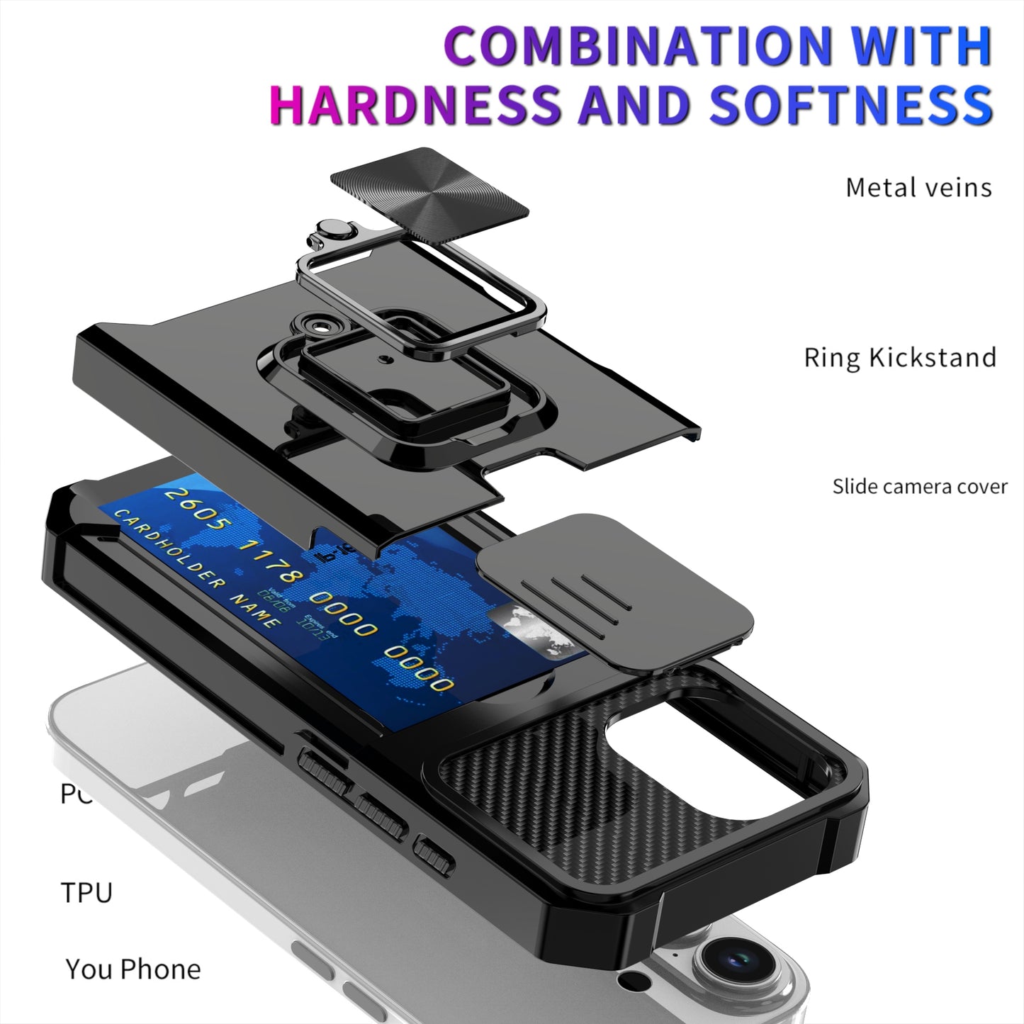 LuxuryKase Shockproof Armor Case | Slide Camera Cover | Hidden Card Slot | Rotating Ring Kickstand | Magnetic Car Mount Support | Military Grade Protection For iPhone & Samsung