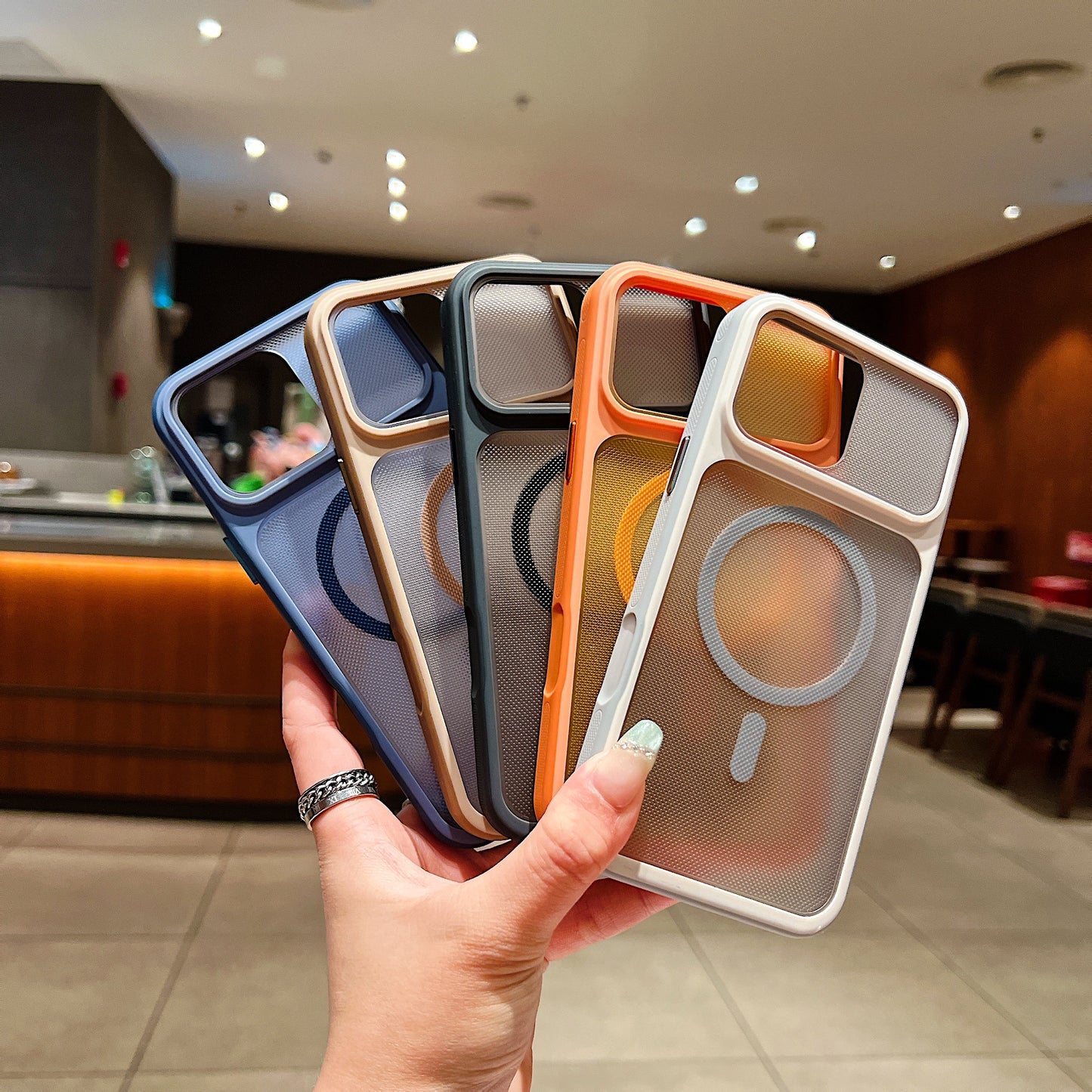 LuxuryKase Hybrid Clear Translucent Case | Matte Dotted Hard PC Back | TPU Textured Grip Frame | Metallic Buttons | Raised Camera Protection | MagSafe Compatible For iPhone