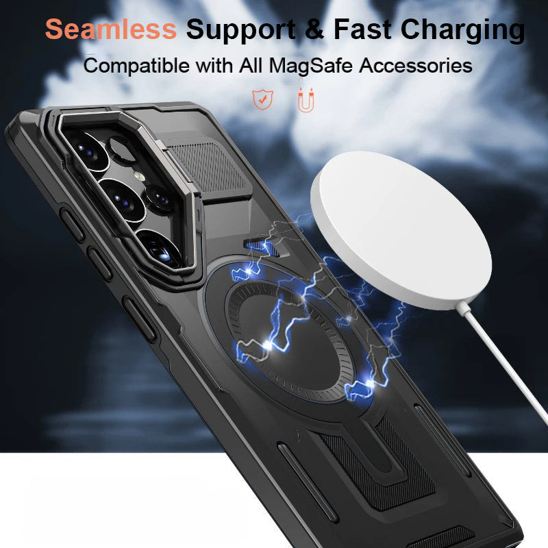 LuxuryKase Rugged Shockproof Magnetic Case with Kickstand | Dual Layer TPU+PC Protection | Mag-Safe Compatible | Camera Guard | Extreme Drop Resistance For Samsung Series