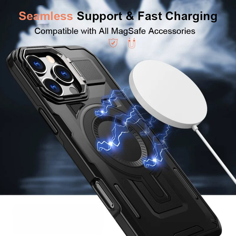 LuxuryKase Rugged Shockproof Magnetic Case with Kickstand | Dual Layer TPU+PC Protection | Mag-Safe Compatible | Camera Guard | Extreme Drop Resistance For iPhone Series