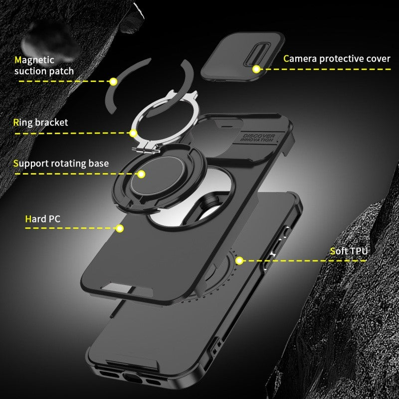 LuxuryKase Shockproof Magnetic Case with Slide Camera Cover | 360° Rotating Ring Kickstand | Mag-Safe Compatible | Rugged Armor Protection For iPhone Series
