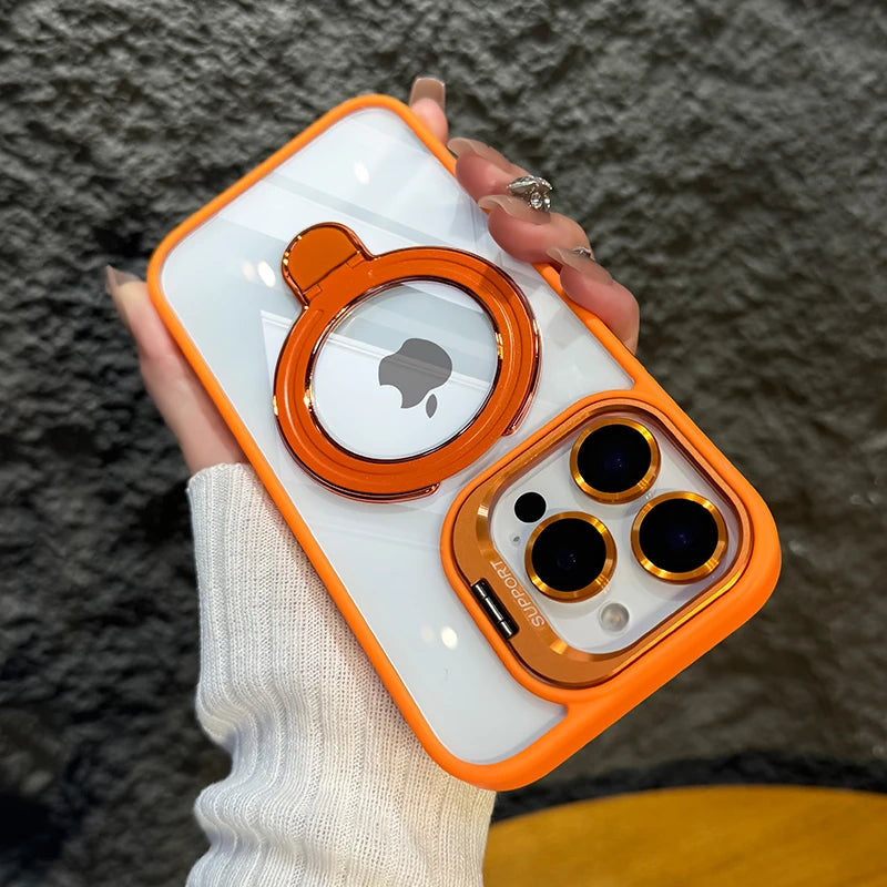 LuxuryKase Magnetic Clear Case | Metal Ring Stand | Camera Lens Protector Rings | Shockproof Hard PC Back | Mag-Safe Compatible | TPU Bumper For iPhone & Samsung Series