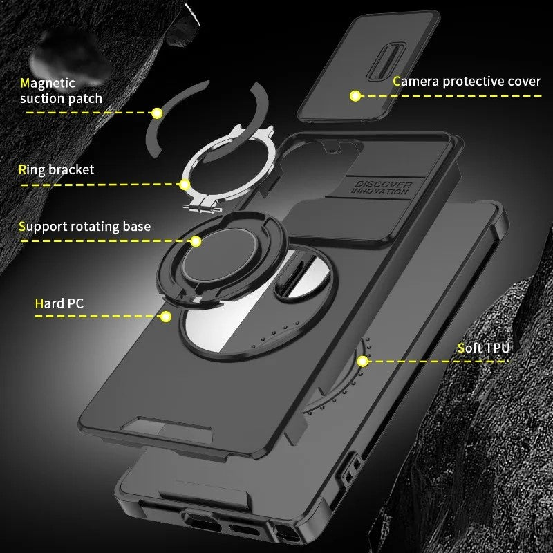 LuxuryKase Shockproof Magnetic Case with Slide Camera Cover | 360° Rotating Ring Kickstand | Mag-Safe Compatible | Rugged Armor Protection For Samsung Series