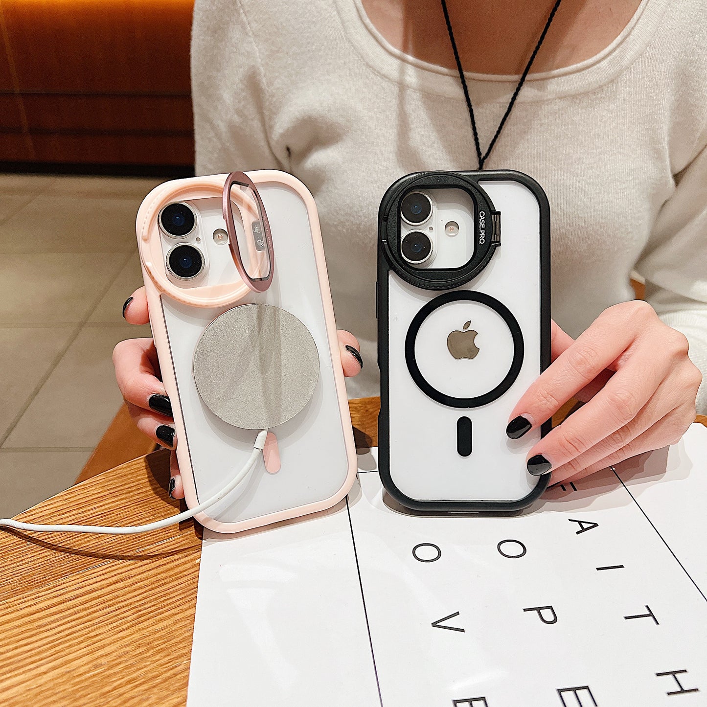 LuxuryKase Magnetic Transparent Back Case | Shockproof Hard PC Bumper Cover with Camera Lens Guard Kickstand | Mag-Safe Support For iPhone