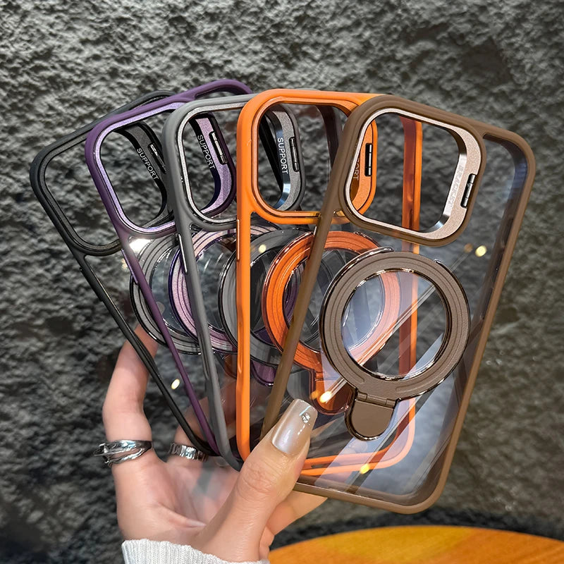 LuxuryKase Magnetic Clear Case | Metal Ring Stand | Camera Lens Protector Rings | Shockproof Hard PC Back | Mag-Safe Compatible | TPU Bumper For iPhone & Samsung Series