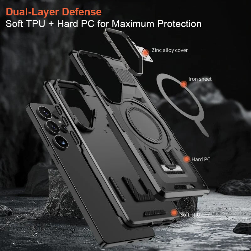 LuxuryKase Rugged Shockproof Magnetic Case with Kickstand | Dual Layer TPU+PC Protection | Mag-Safe Compatible | Camera Guard | Extreme Drop Resistance For Samsung Series