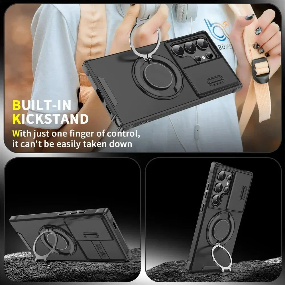 LuxuryKase Shockproof Magnetic Case with Slide Camera Cover | 360° Rotating Ring Kickstand | Mag-Safe Compatible | Rugged Armor Protection For Samsung Series