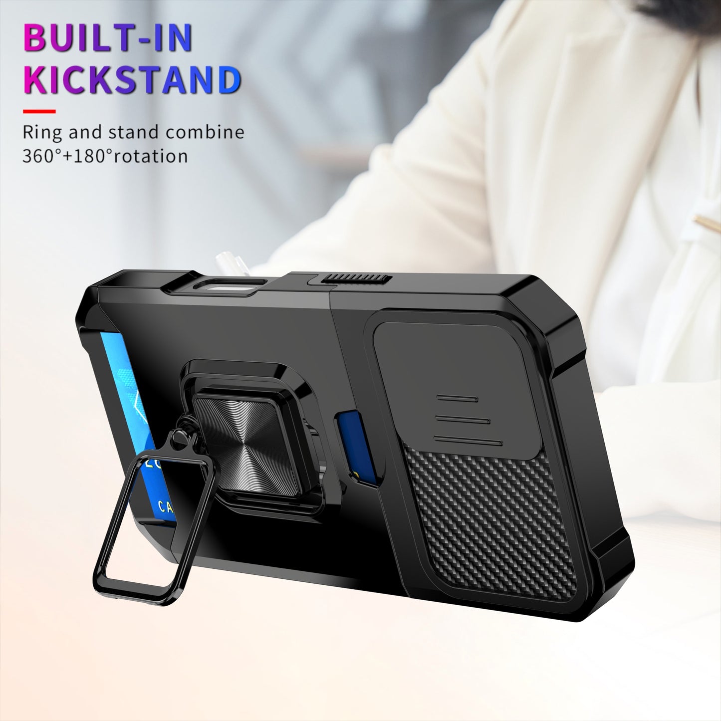 LuxuryKase Shockproof Armor Case | Slide Camera Cover | Hidden Card Slot | Rotating Ring Kickstand | Magnetic Car Mount Support | Military Grade Protection For iPhone & Samsung