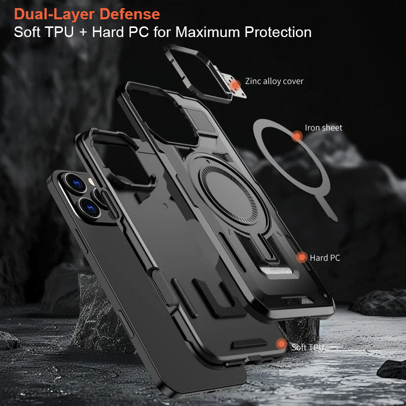 LuxuryKase Rugged Shockproof Magnetic Case with Kickstand | Dual Layer TPU+PC Protection | Mag-Safe Compatible | Camera Guard | Extreme Drop Resistance For iPhone Series
