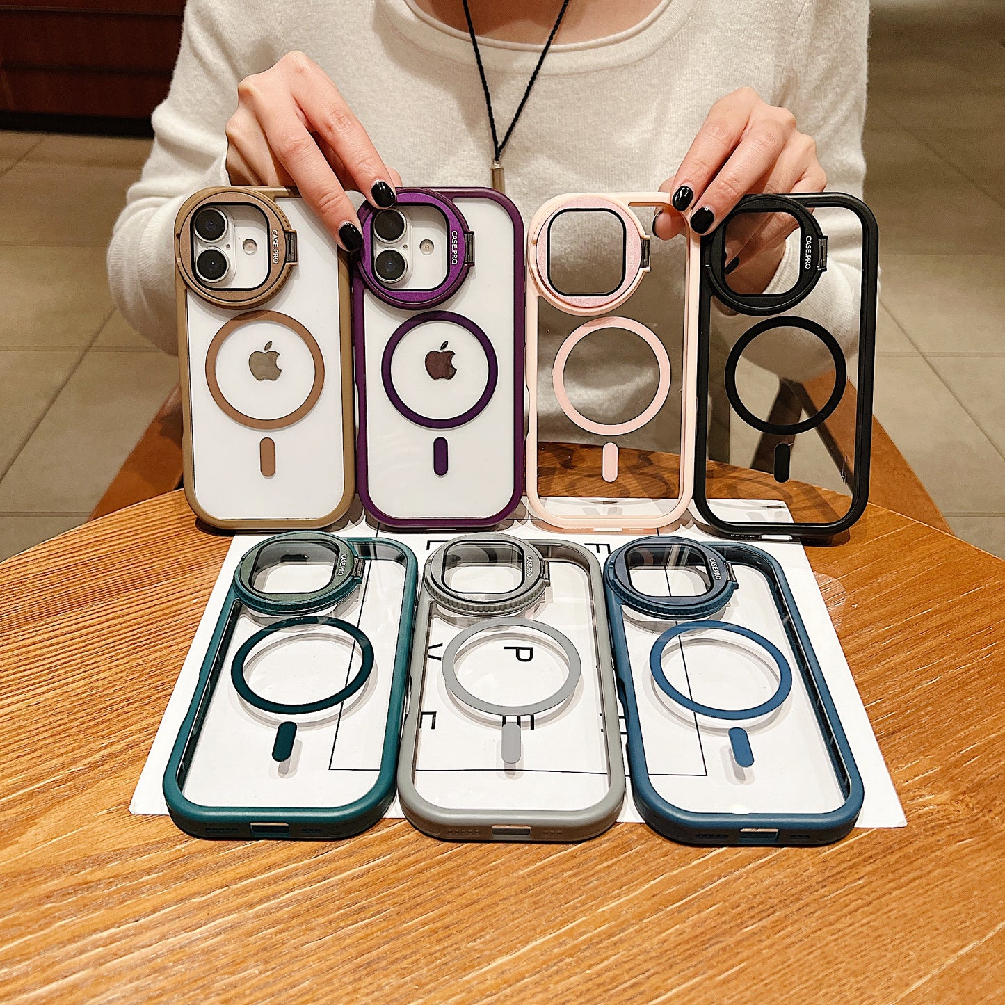 LuxuryKase Magnetic Transparent Back Case | Shockproof Hard PC Bumper Cover with Camera Lens Guard Kickstand | Mag-Safe Support For iPhone