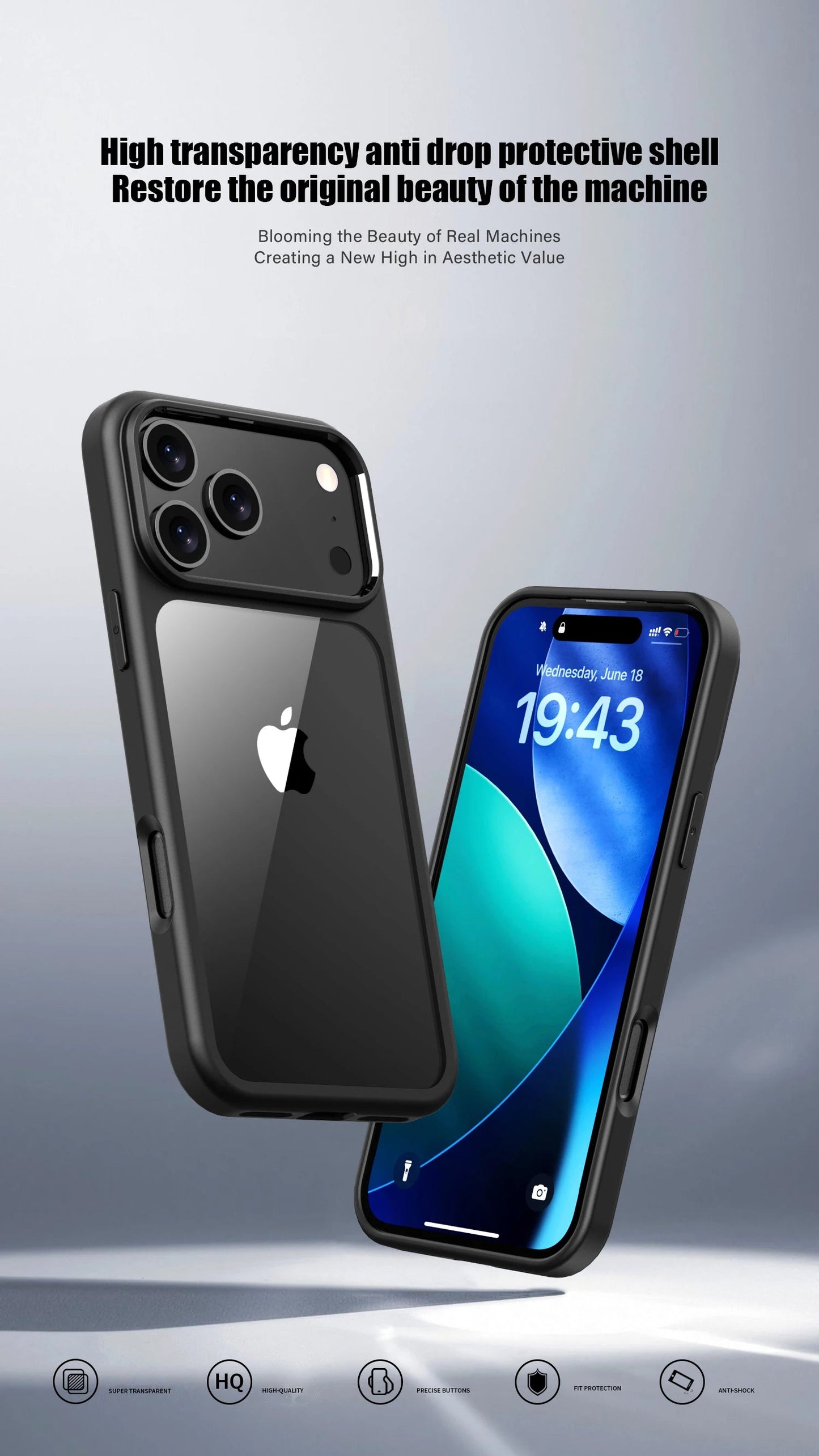 LuxuryKase Hybrid Transparent Shockproof Case | Reinforced Airbag Corners | Soft TPU Frame | Clear Hard PC Back | Anti-Yellowing | Slim Bumper Cover For iPhone