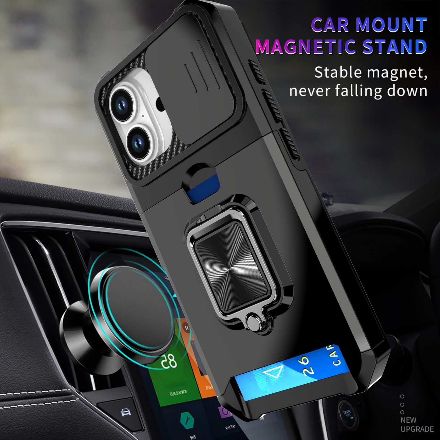 LuxuryKase Shockproof Armor Case | Slide Camera Cover | Hidden Card Slot | Rotating Ring Kickstand | Magnetic Car Mount Support | Military Grade Protection For iPhone & Samsung