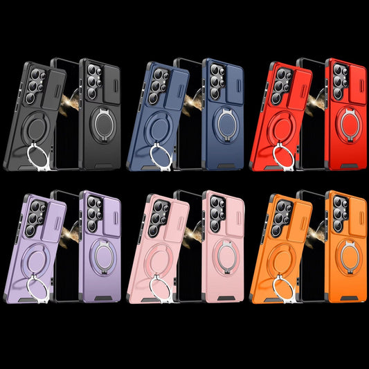 LuxuryKase Shockproof Magnetic Case with Slide Camera Cover | 360° Rotating Ring Kickstand | Mag-Safe Compatible | Rugged Armor Protection For Samsung Series