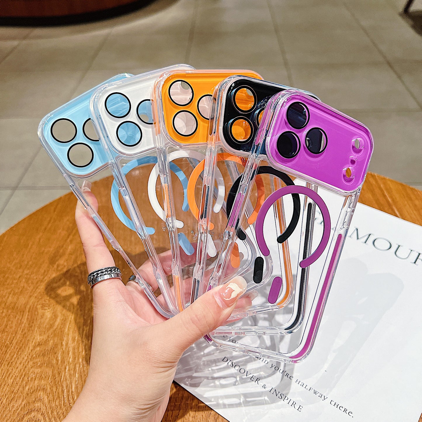 LuxuryKase Magnetic Crystal Clear Case | Colored Edges & Mag-Safe Ring | Built in Camera Lens Protection | Anti Yellow Transparent Bumper | Scratch Resistant For iPhone
