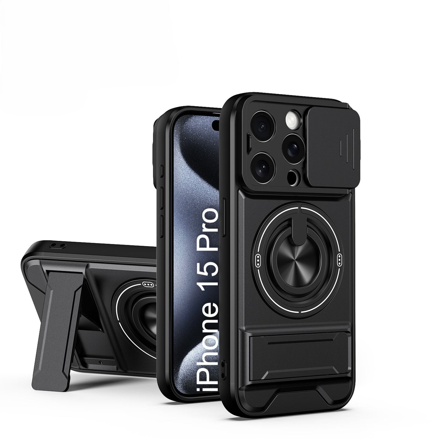 LuxuryKase Magnetic Armour Case | MagSafe Compatible | Sliding Camera Cover | 360° Finger Ring Holder | Built-In Bracket Stand | Hard PC Back & Soft TPU Bumper For iPhone & Samsung Series