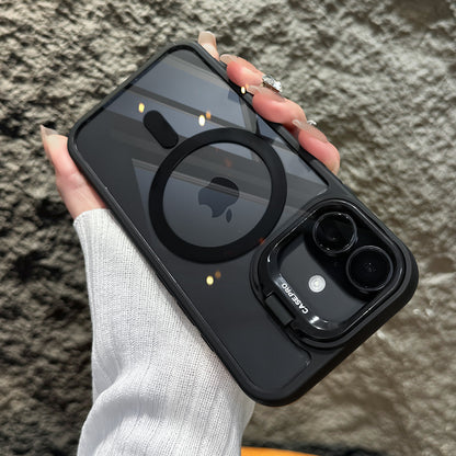 LuxuryKase Mag-Safe Shockproof Case for iPhone 16 Plus with Rotating Camera Guard Stand | Military Grade Drop Protection | Transparent Hard Back Cover with Wireless Charging