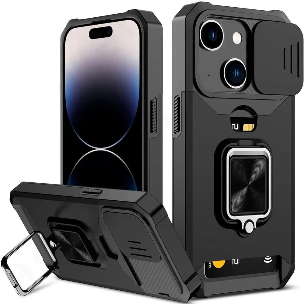 LuxuryKase Shockproof Armor Case | Slide Camera Cover | Hidden Card Slot | Rotating Ring Kickstand | Magnetic Car Mount Support | Military Grade Protection For iPhone & Samsung