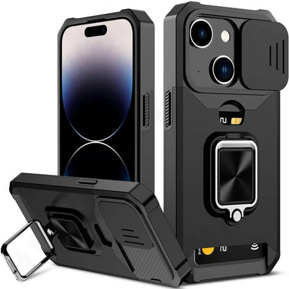 LuxuryKase Shockproof Armor Case | Slide Camera Cover | Hidden Card Slot | Rotating Ring Kickstand | Magnetic Car Mount Support | Military Grade Protection For iPhone & Samsung