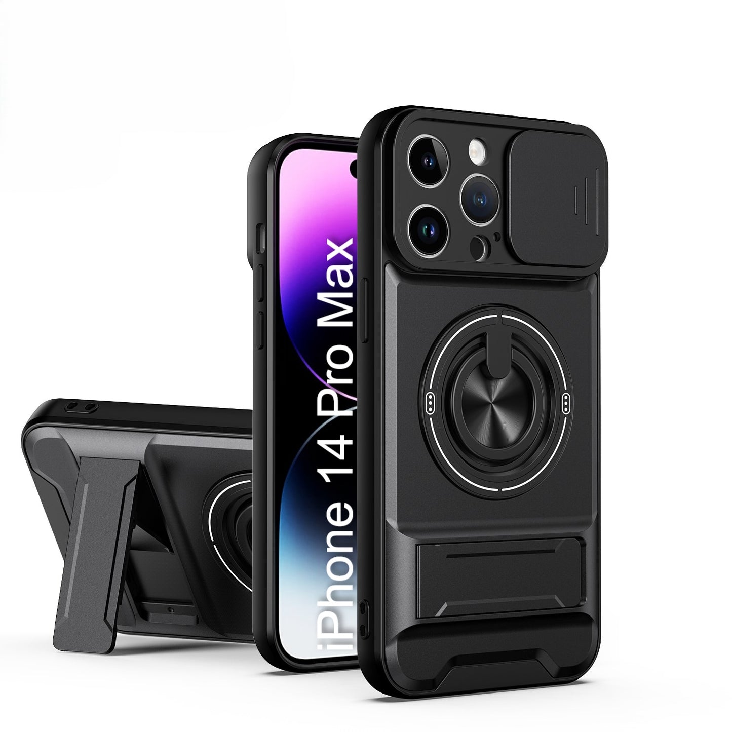 LuxuryKase Magnetic Armour Case | MagSafe Compatible | Sliding Camera Cover | 360° Finger Ring Holder | Built-In Bracket Stand | Hard PC Back & Soft TPU Bumper For iPhone & Samsung Series