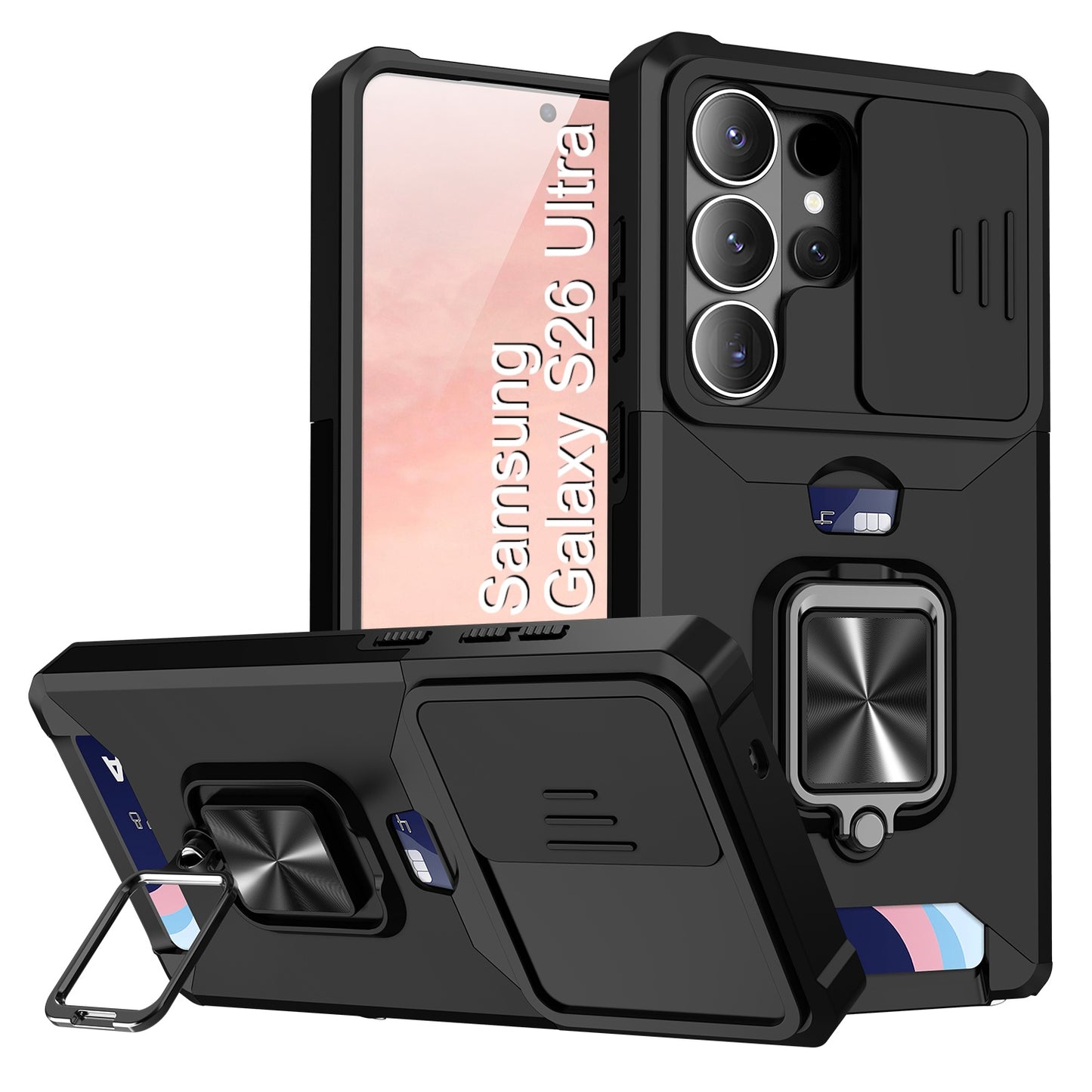 LuxuryKase Shockproof Armor Case | Slide Camera Cover | Hidden Card Slot | Rotating Ring Kickstand | Magnetic Car Mount Support | Military Grade Protection For iPhone & Samsung